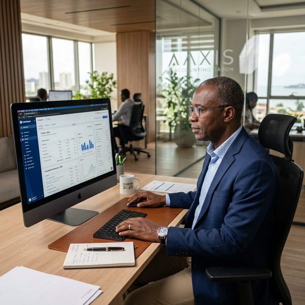 Expert-comptable gabonais concentré sur son écran d'ordinateur