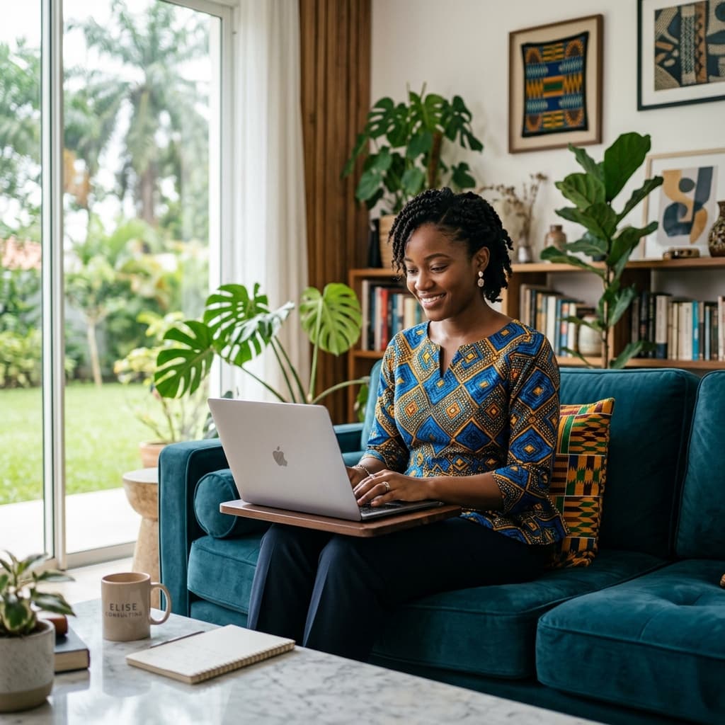 Femme entrepreneur travaillant sur son canapé