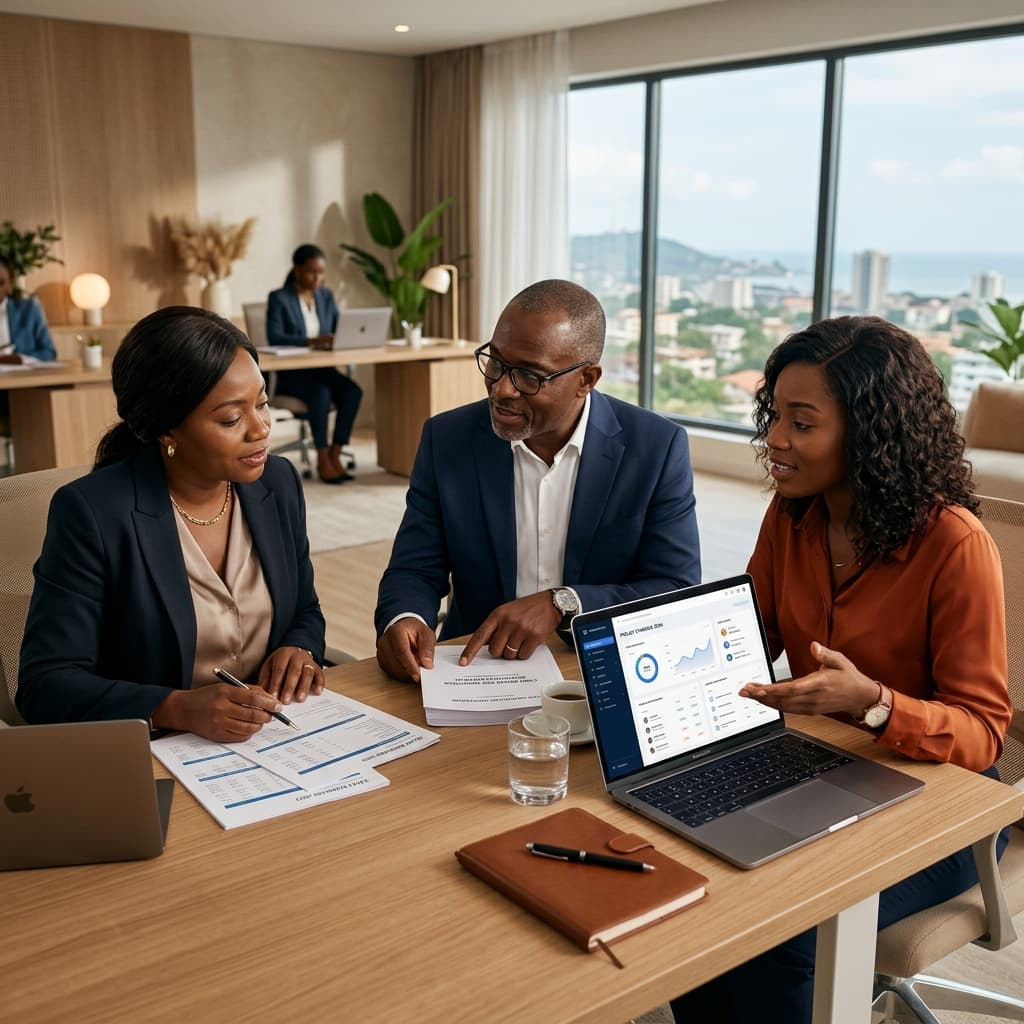 Trois experts gabonais de la comptabilité et de la fiscalité collaborant autour d'un ordinateur de bureau dans un bureau à Libreville, Gabon
