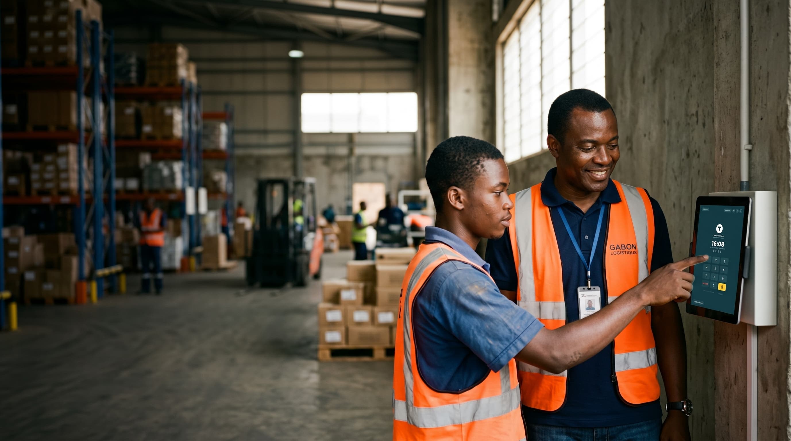 Équipes et pointage sur site logistique au Gabon avec Timmy Kiosque